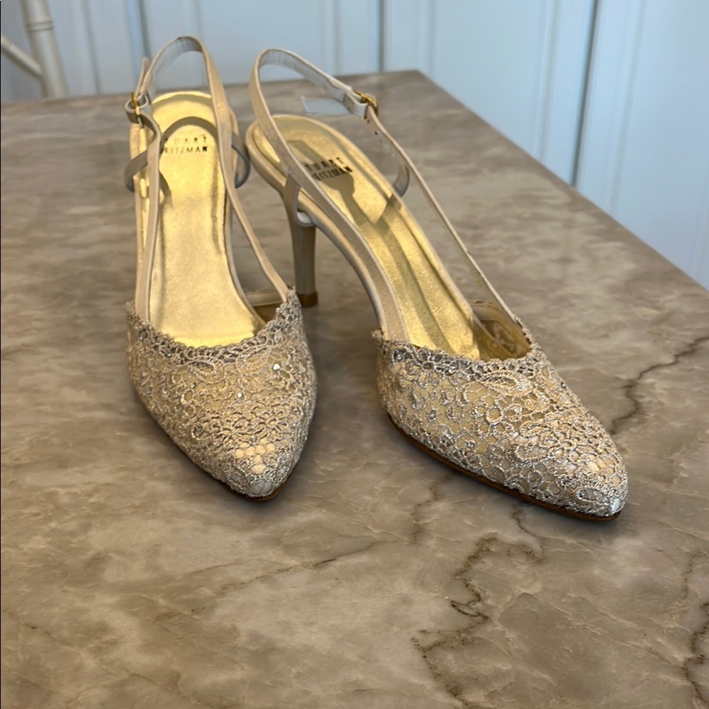 Stuart Weitzman Cream Lace Slingback Heels